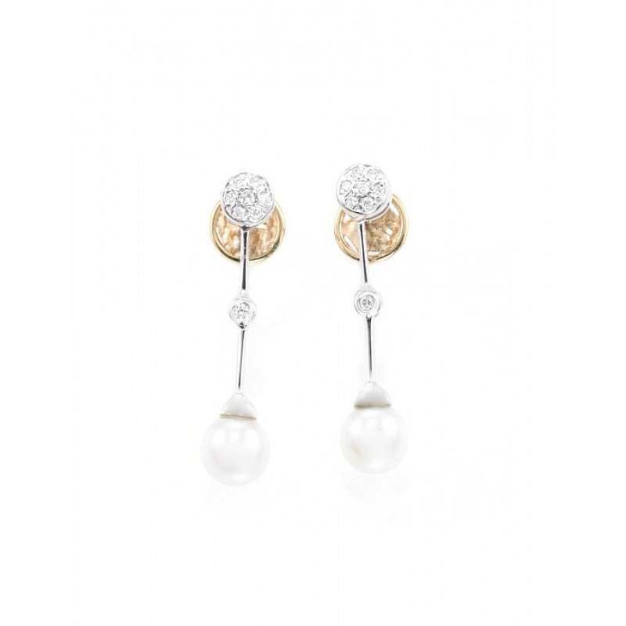 Pendientes Oro Blanco Perla Y Brillantes 0.19 Quilates | Oro Best