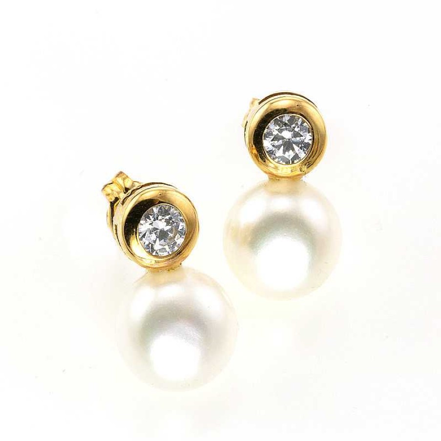 Pendientes En Oro Amarillo Perla Y Circonitas | Pendientes en oro amarillo perla y circonitas Hot