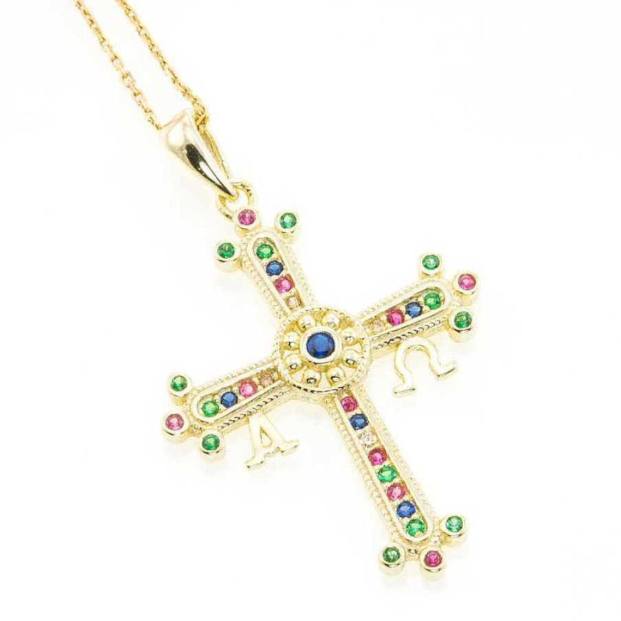 Cruz De Plata Dorada Con Circonitas De Color | Victoria Clearance