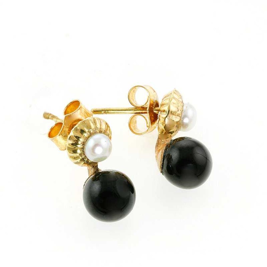 Pendientes Oro Amarillo, Azabache, Y Perlas | Azabache Best