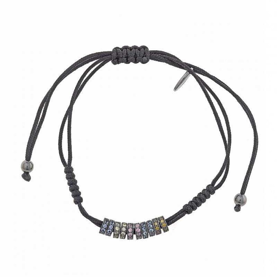 Pulsera Caballero Textil Negro Detalles Aros | Plata Clearance