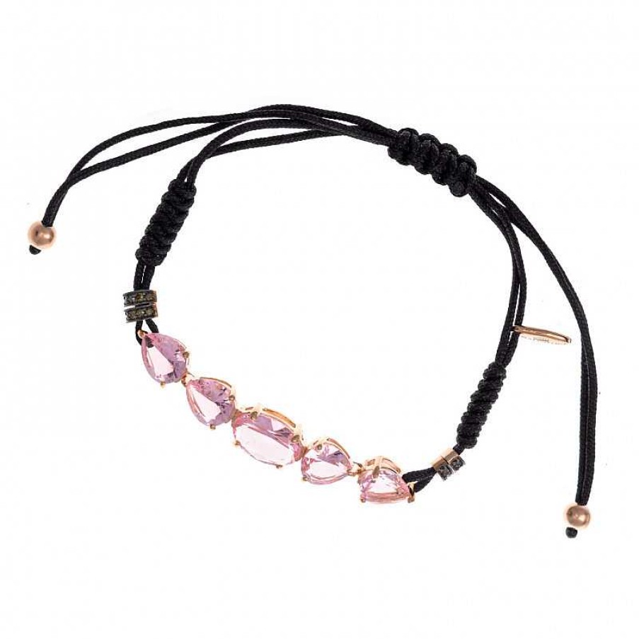 Pulsera Hilo Negro Y Circonitas Rosas | Plata Clearance