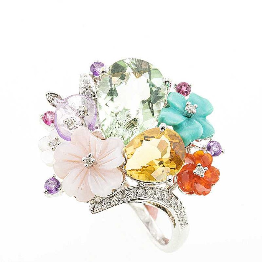 Anillo En Oro Blanco Flores Colores | Piedras de Color Wholesale