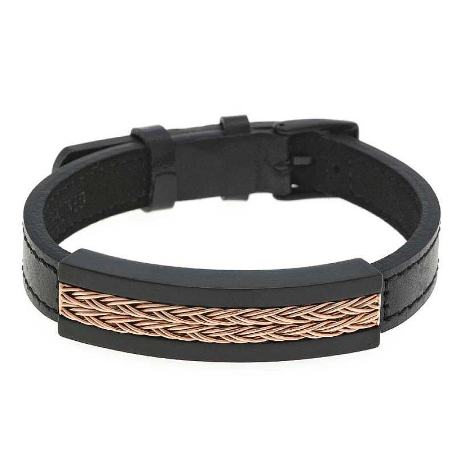 Pulsera Caballero Acero Piel Negra | Pulseras Wholesale