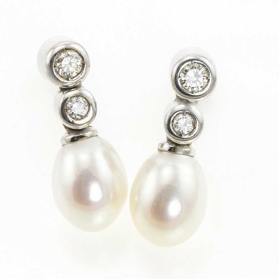 Pendientes Oro Blanco Perla Y Brillantes 0.42 Quilates | Oro Online